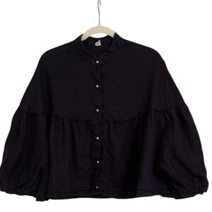 🔴Lianzimeiyi Black Linen Crop Dolmen Short Sleeve Lagenlook Top One Size